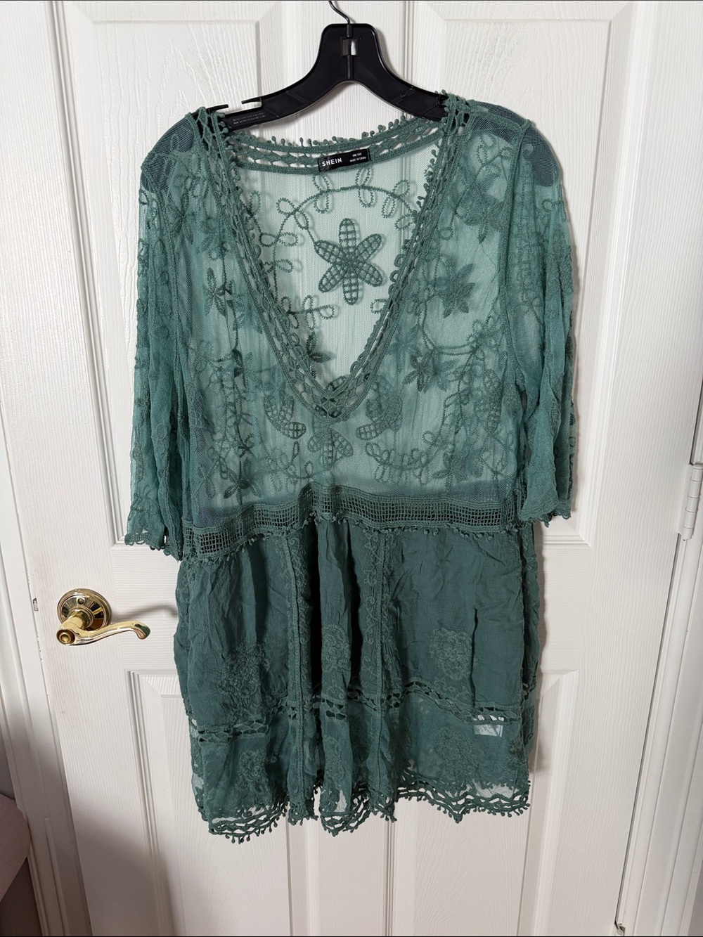 SHEIN Teal Green Lace V-Neck Tunic boho swim cover up one size L/XL